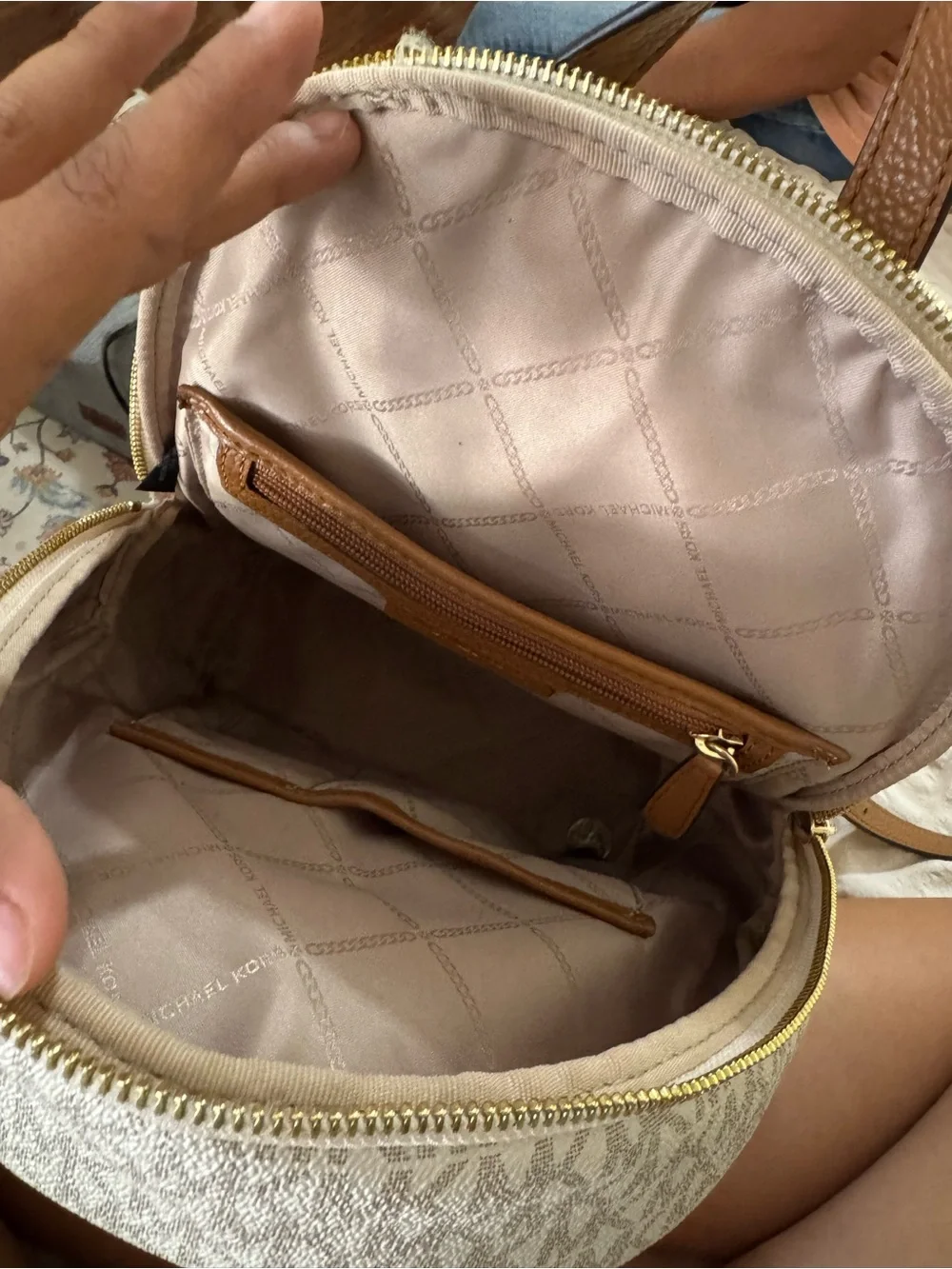 Michael Kors Cream and Brown Signature Logo Backpack